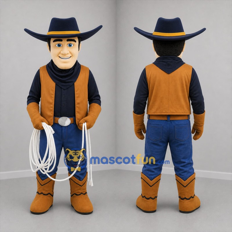 Custom Brown and Navy Blue Cowboy Mascot Costume Adult Full Body Suit for Western Events