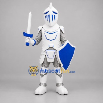 Custom White Silver and Blue Armored Knight Mascot Costume Adult Full Body Suit for Medieval Festivals