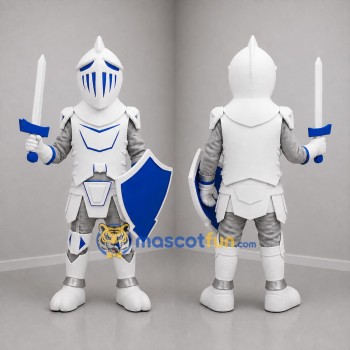 Custom White Silver and Blue Armored Knight Mascot Costume Adult Full Body Suit for Medieval Festivals