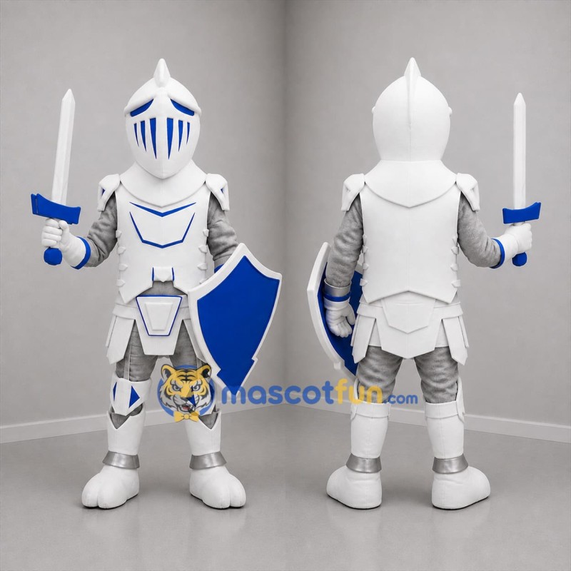 Custom White Silver and Blue Armored Knight Mascot Costume Adult Full Body Suit for Medieval Festivals