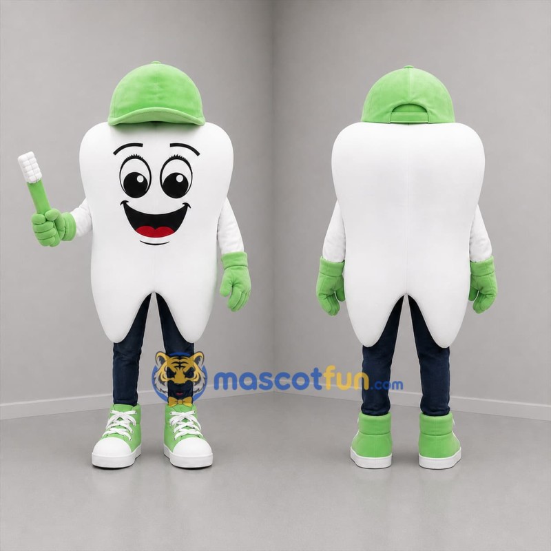 Custom White and Green Tooth Mascot Costume Adult Full Body Suit for Dental Events