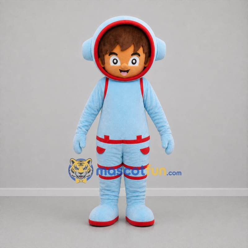 Custom Light Blue and Red Astronaut Boy Mascot Costume Adult Full Body Suit for Space Events