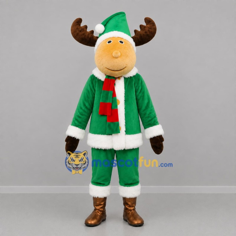 Custom Brown and Green Christmas Moose Mascot Costume Adult Full Body Suit for Christmas Events