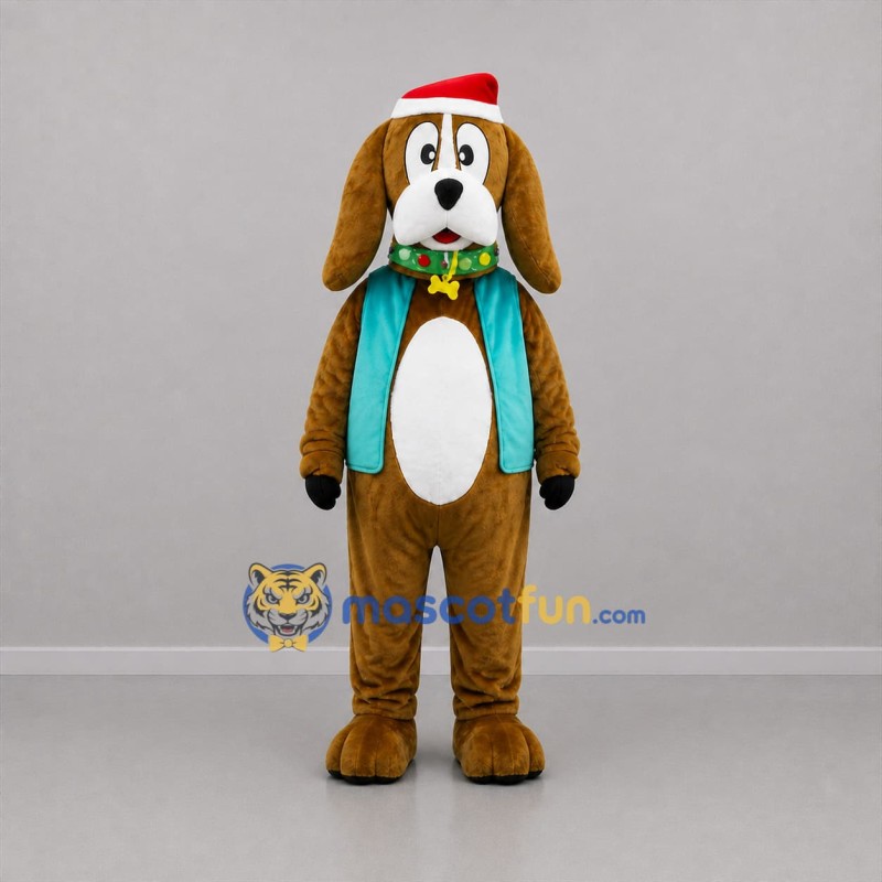 Custom Brown and Teal Christmas Dog Mascot Costume Adult Full Body Suit for Christmas Events