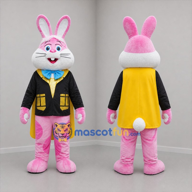 Custom Pink Black and Yellow Magician Rabbit Mascot Costume Adult Full Body Suit for Magic Shows