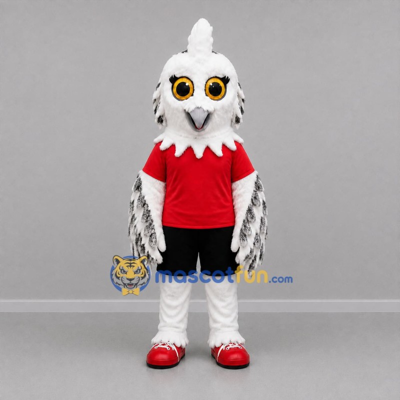 Custom White Black and Red Snowy Owl Mascot Costume Adult Full Body Suit for School Events