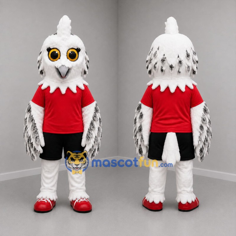 Custom White Black and Red Snowy Owl Mascot Costume Adult Full Body Suit for School Events