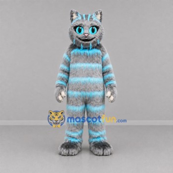 Custom Gray and Turquoise Striped Cat Mascot Costume Adult Full Body Suit for Costume Parties