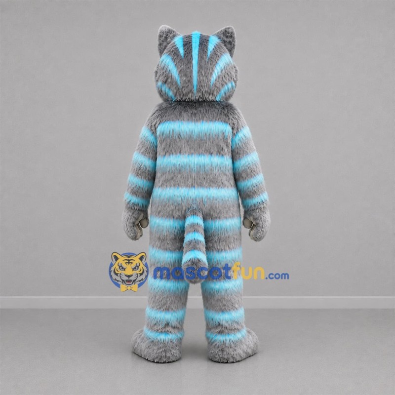 Custom Gray and Turquoise Striped Cat Mascot Costume Adult Full Body Suit for Costume Parties