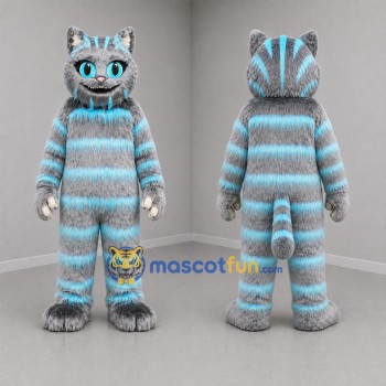 Custom Gray and Turquoise Striped Cat Mascot Costume Adult Full Body Suit for Costume Parties