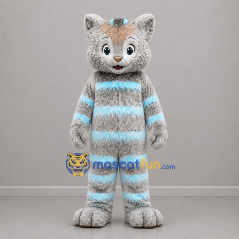 Custom Gray and Light Blue Striped Cat Mascot Costume Adult Full Body Suit for Children's Events