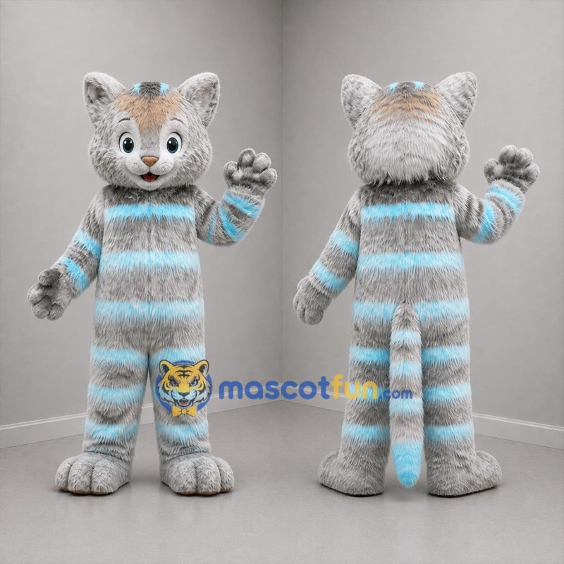 Custom Gray and Light Blue Striped Cat Mascot Costume Adult Full Body Suit for Children's Events