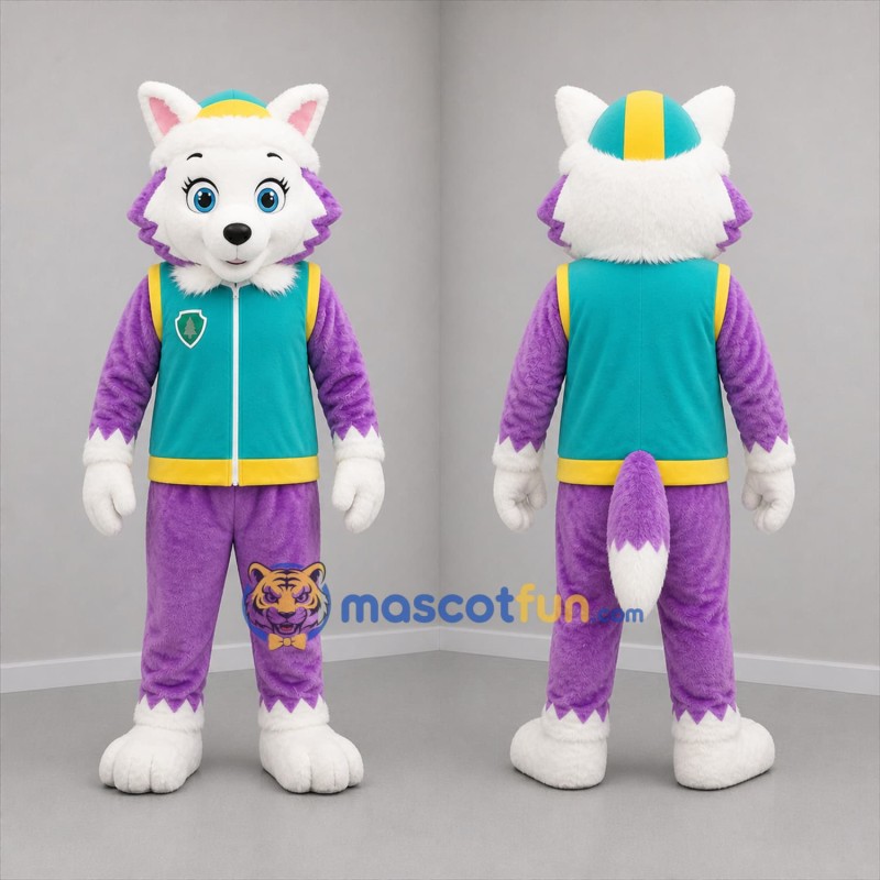 Custom White Purple and Teal Dog Mascot Costume Adult Full Body Suit for Children's Events
