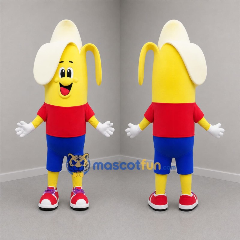 Custom Yellow Red and Blue Banana Mascot Costume Adult Full Body Suit for Food Promotions