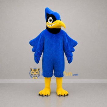 Custom Blue Black and Yellow Crested Bird Mascot Costume Adult Full Body Suit for Sports Events