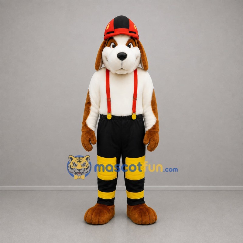 Custom Brown White and Black Firefighter Dog Mascot Costume Adult Full Body Suit for Fire Safety Events