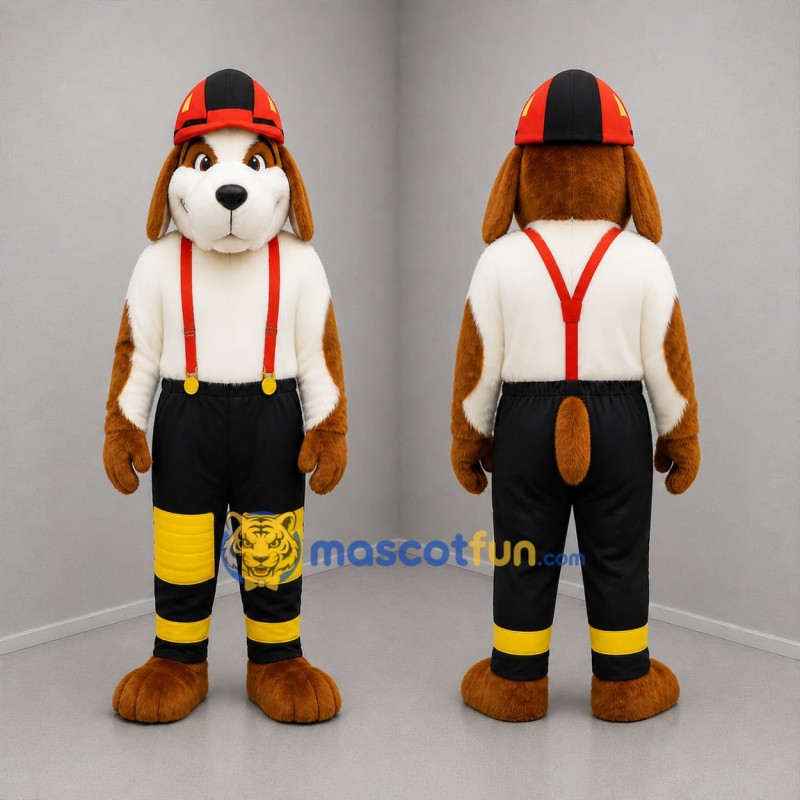 Custom Brown White and Black Firefighter Dog Mascot Costume Adult Full Body Suit for Fire Safety Events