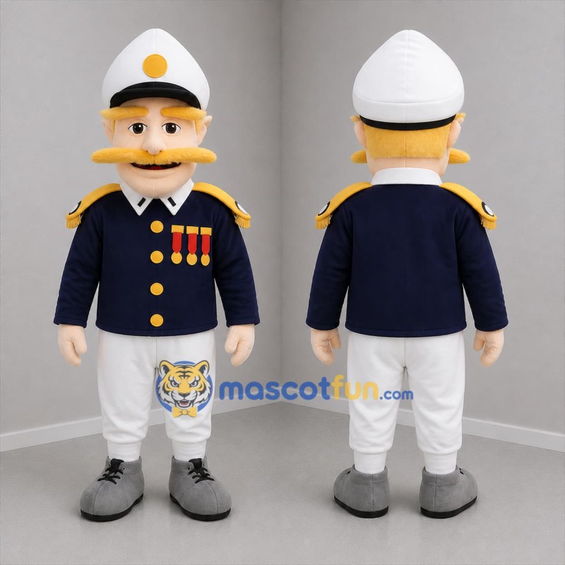 Custom Navy Blue White and Gold Naval Officer Mascot Costume Adult Full Body Suit for Nautical Events