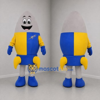 Custom Blue Yellow and Gray Rocket Mascot Costume Adult Full Body Suit for Science Events