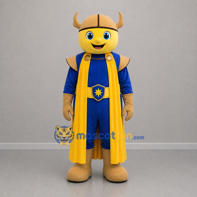 Custom Blue and Gold Horned Warrior Mascot Costume Adult Full Body Suit for School Events