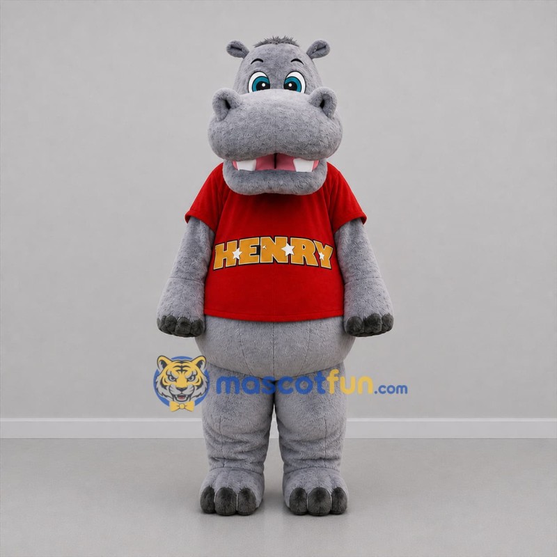 Custom Gray and Red Hippo Mascot Costume Adult Full Body Suit for School Events