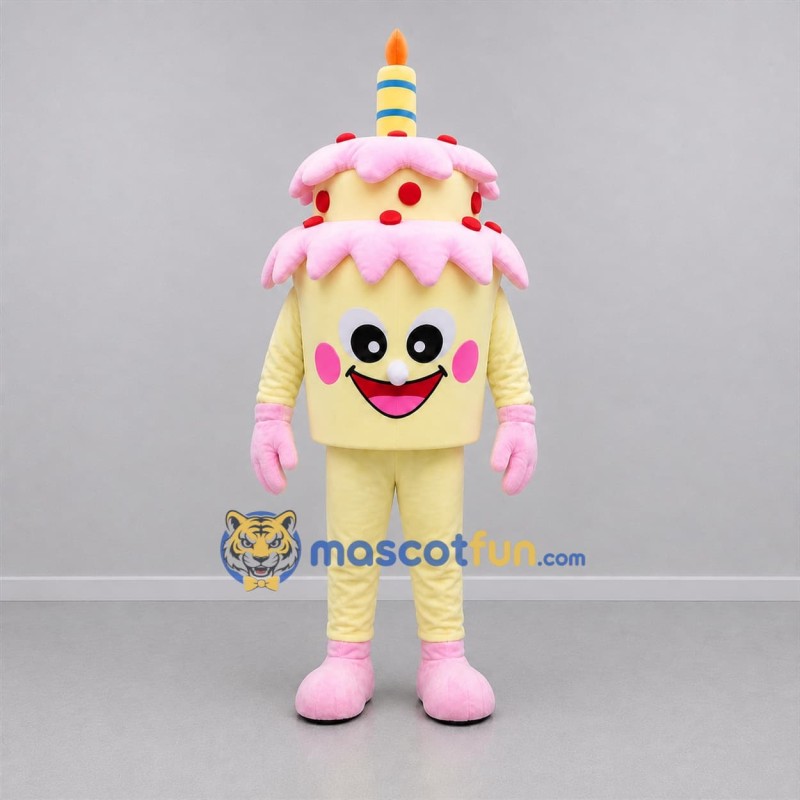 Custom Yellow and Pink Birthday Cake Mascot Costume Adult Full Body Suit for Birthday Parties