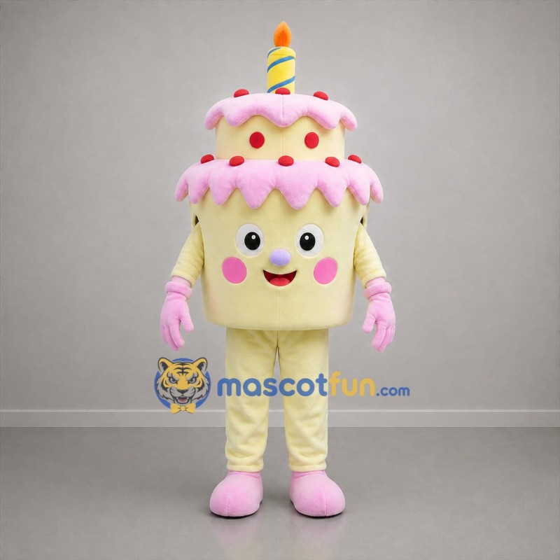 Custom Yellow and Pink Birthday Cake Mascot Costume Adult Full Body Suit for Birthday Parties