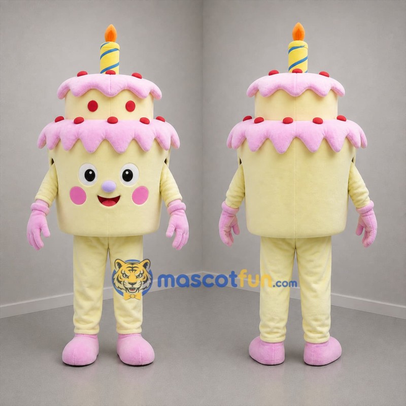 Custom Yellow and Pink Birthday Cake Mascot Costume Adult Full Body Suit for Birthday Parties