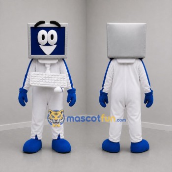 Custom White Blue and Silver Desktop Computer Mascot Costume Adult Full Body Suit for Technology Events
