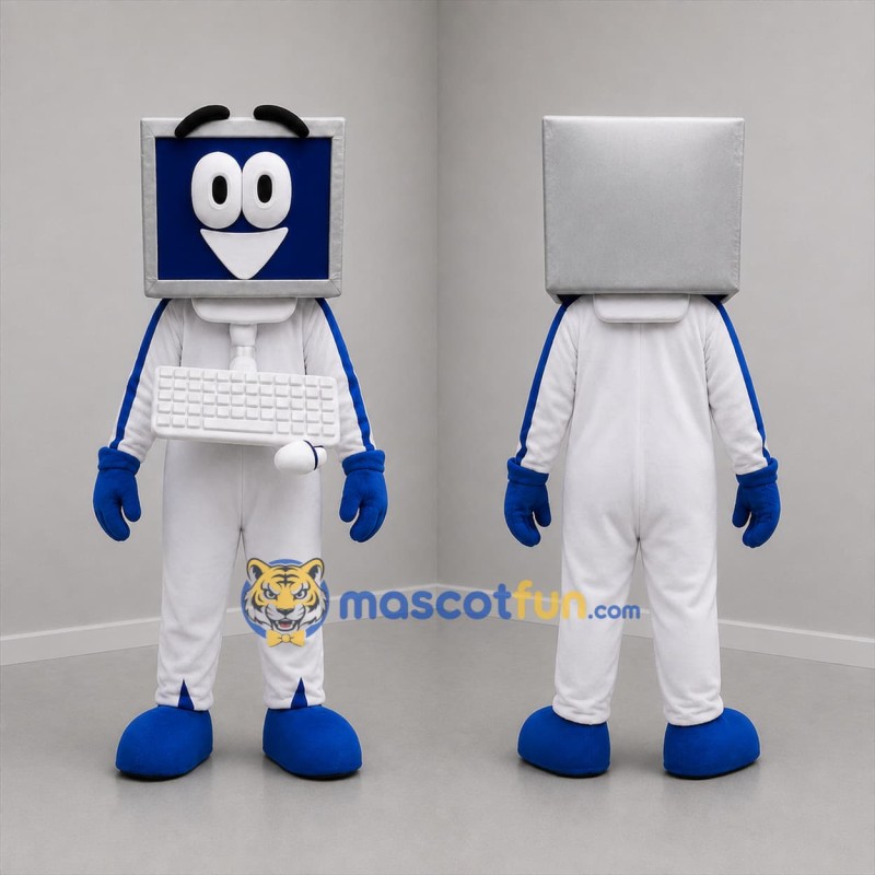 Custom White Blue and Silver Desktop Computer Mascot Costume Adult Full Body Suit for Technology Events
