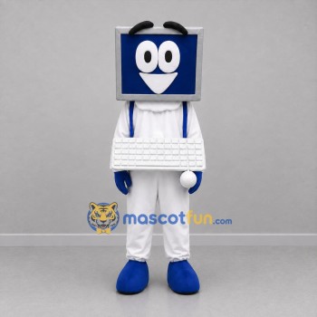 Custom White Blue and Silver Desktop Computer Mascot Costume Adult Full Body Suit for Technology Events