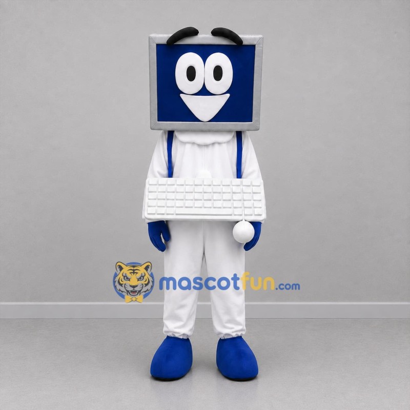 Custom White Blue and Silver Desktop Computer Mascot Costume Adult Full Body Suit for Technology Events