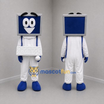 Custom White Blue and Silver Desktop Computer Mascot Costume Adult Full Body Suit for Technology Events