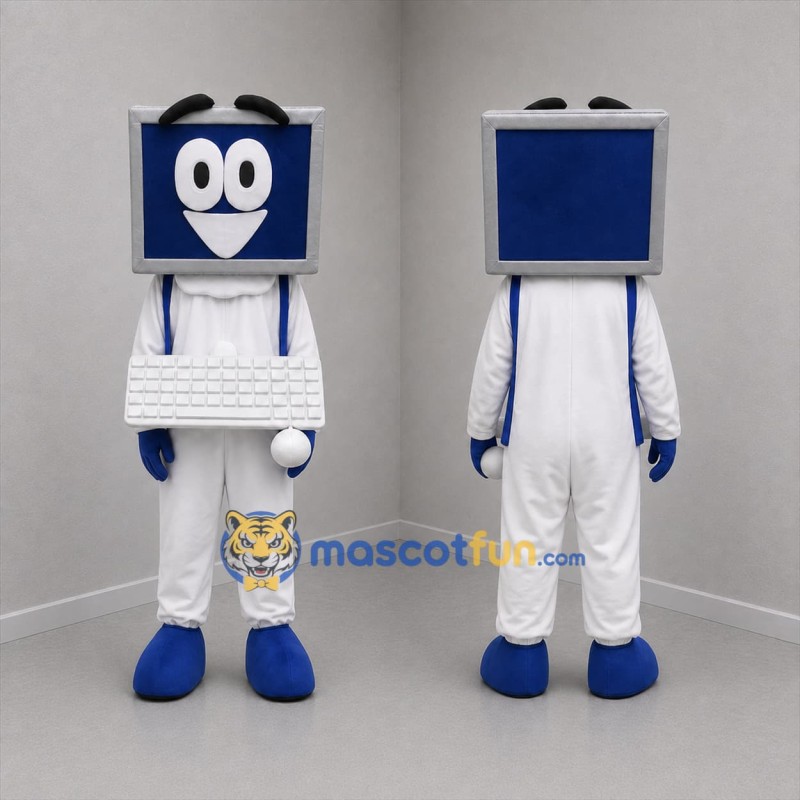 Custom White Blue and Silver Desktop Computer Mascot Costume Adult Full Body Suit for Technology Events