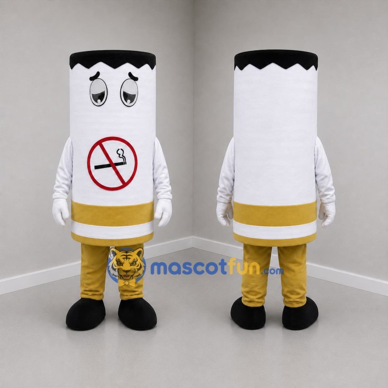 Custom White Black and Gold No Smoking Cigarette Mascot Costume Adult Full Body Suit for Health Awareness Events