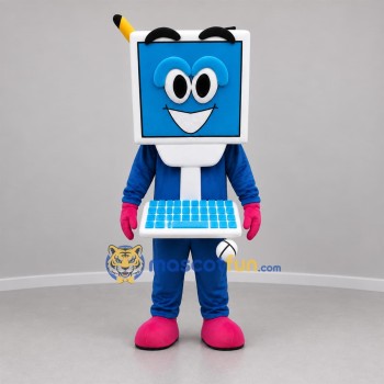 Custom Blue White and Pink Desktop Computer Mascot Costume Adult Full Body Suit for Technology Events