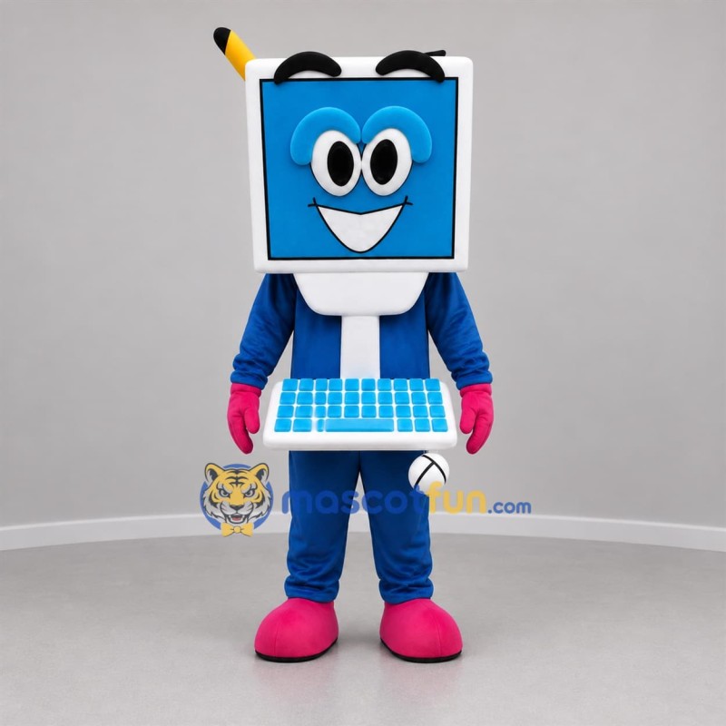 Custom Blue White and Pink Desktop Computer Mascot Costume Adult Full Body Suit for Technology Events