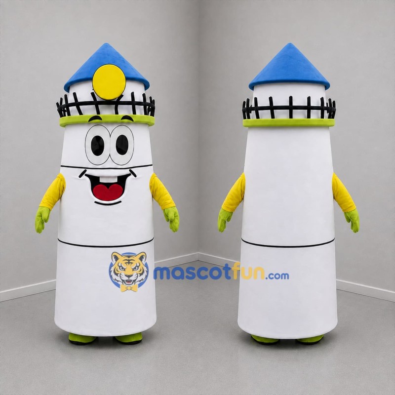 Custom White Blue and Yellow Lighthouse Mascot Costume Adult Full Body Suit for Coastal Events