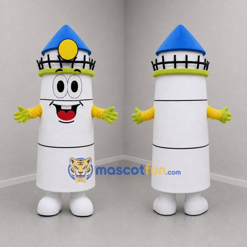 Custom White Blue and Yellow Lighthouse Mascot Costume Adult Full Body Suit for Coastal Events