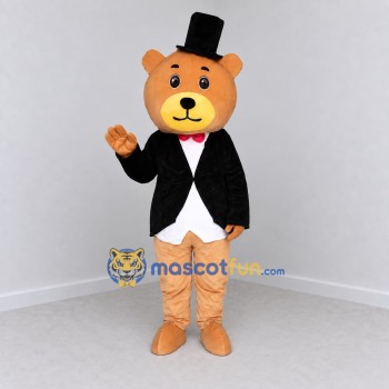 Custom Tan and Black Top Hat Bear Mascot Costume Adult Full Body Suit for Themed Events
