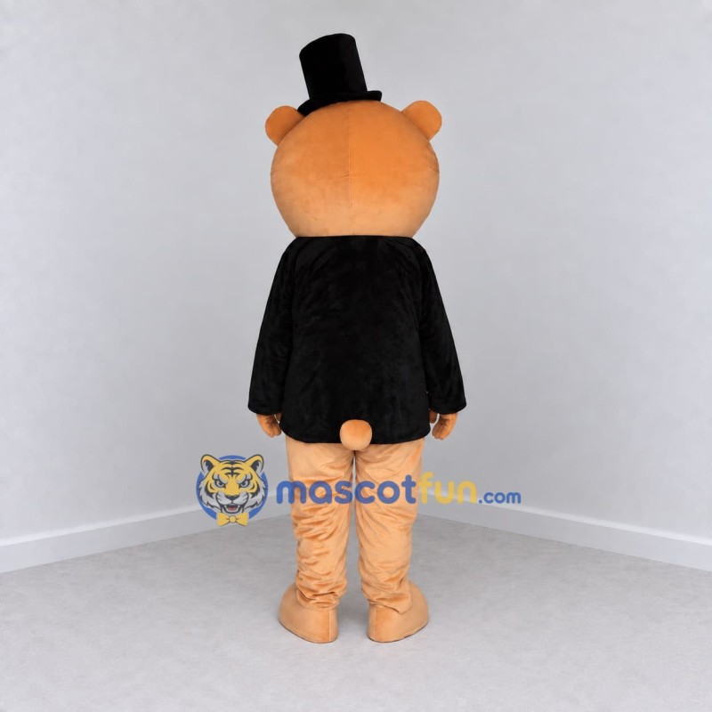 Custom Tan and Black Top Hat Bear Mascot Costume Adult Full Body Suit for Themed Events Custom Tan and Black Top Hat Bear Mascot Costume Adult Full Body Suit for Themed Events