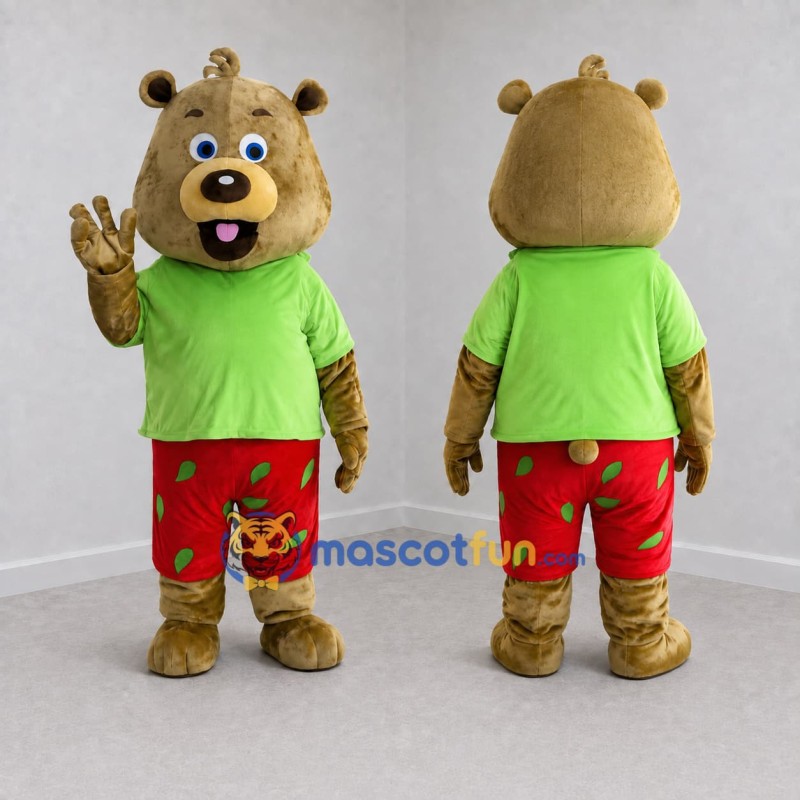 Custom Brown Green and Red Bear Mascot Costume Adult Full Body Suit for Children's Events Custom Brown Green and Red Bear Mascot Costume Adult Full Body Suit for Children's Events