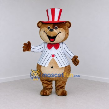 Custom Brown Red and White Top Hat Bear Mascot Costume Adult Full Body Suit for Parades