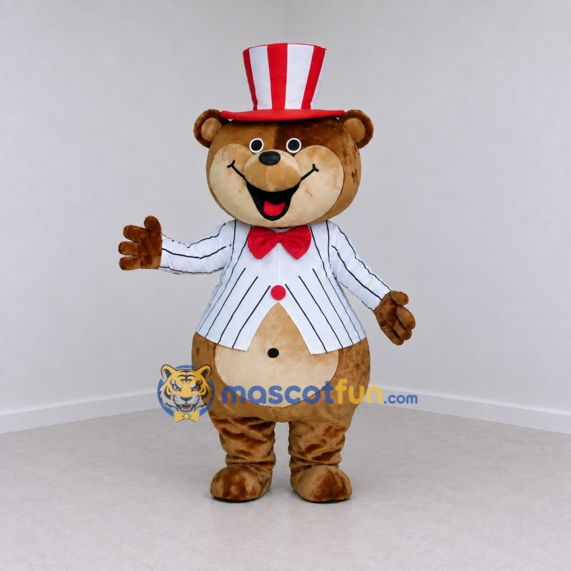 Custom Brown Red and White Top Hat Bear Mascot Costume Adult Full Body Suit for Parades