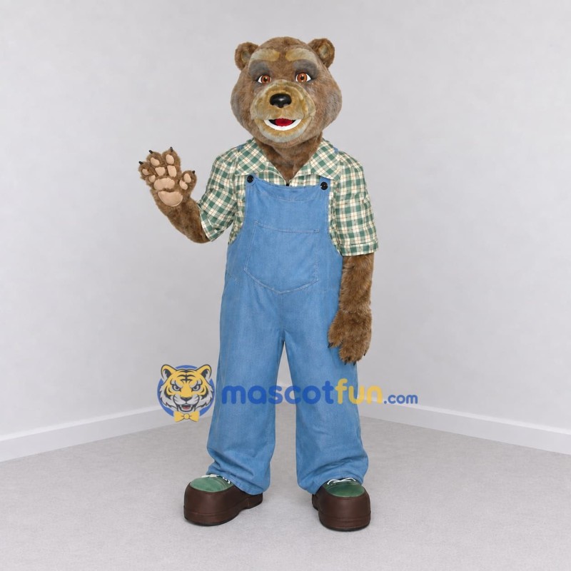 Custom Brown Blue and Green Farmer Bear Mascot Costume Adult Full Body Suit for Farm Events Custom Brown Blue and Green Farmer Bear Mascot Costume Adult Full Body Suit for Farm Events