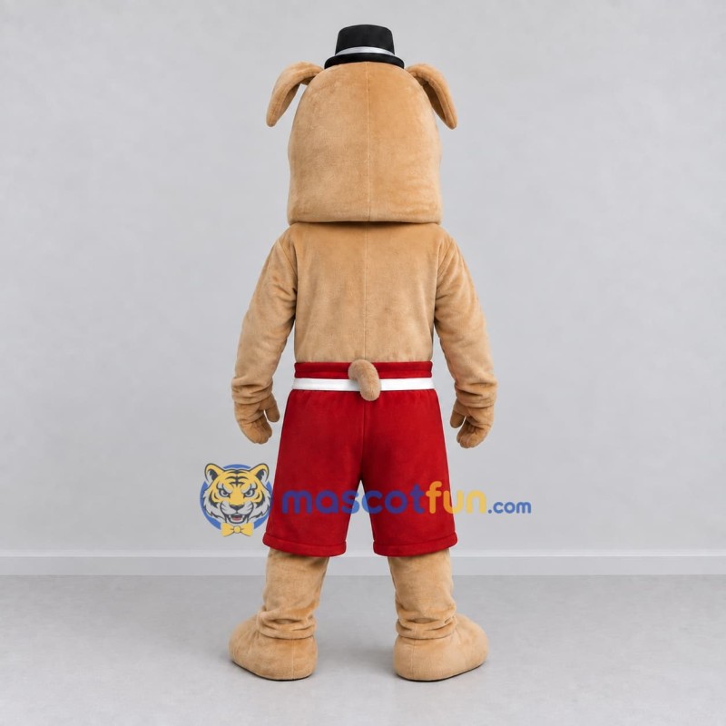 Custom Tan Red and Black Top Hat Bulldog Mascot Costume Adult Full Body Suit for Themed Events Custom Tan Red and Black Top Hat Bulldog Mascot Costume Adult Full Body Suit for Themed Events