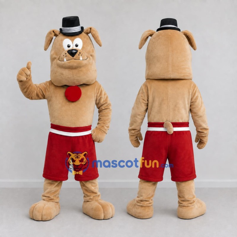 Custom Tan Red and Black Top Hat Bulldog Mascot Costume Adult Full Body Suit for Themed Events Custom Tan Red and Black Top Hat Bulldog Mascot Costume Adult Full Body Suit for Themed Events