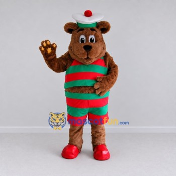 Custom Brown Red and Green Sailor Bear Mascot Costume Adult Full Body Suit for Nautical Events