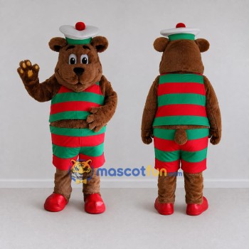 Custom Brown Red and Green Sailor Bear Mascot Costume Adult Full Body Suit for Nautical Events