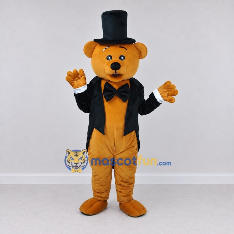 Custom Golden Brown and Black Top Hat Bear Mascot Costume Adult Full Body Suit for Themed Events